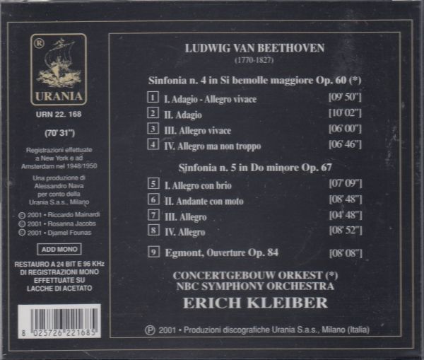 [CD/Urania]ベートーヴェン:交響曲第4番他/E.クライバー&アムステルダム・コンセル徒歩棒管弦楽団 1948-1950_画像2