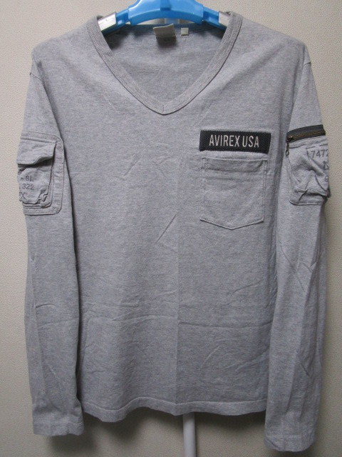AVIREX V-NECK FATIGUE LS T-SHIRT・XL・灰／グレー（アヴィレックスファティーグロンＴシャツ胸タグミリタリーポケット付き長袖Tシャツ）_画像1
