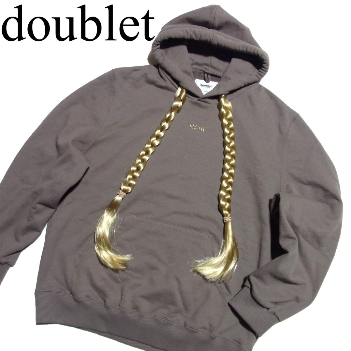 23SS doublet ダブレット HOODIE WITH BRAIDS HAIR ウィッグ付き パーカー オーバーサイズ S グレー_画像1