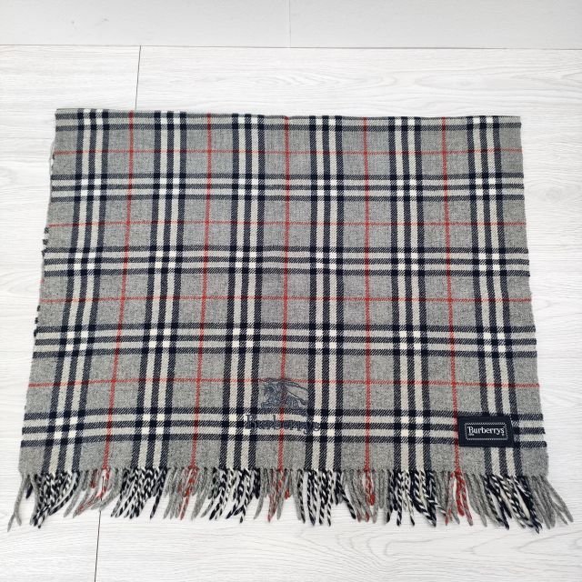 3-1206T◎BURBERRY タータンチェック ロゴ刺 ウール ストール マフラー グレー バーバリー 212779_画像1