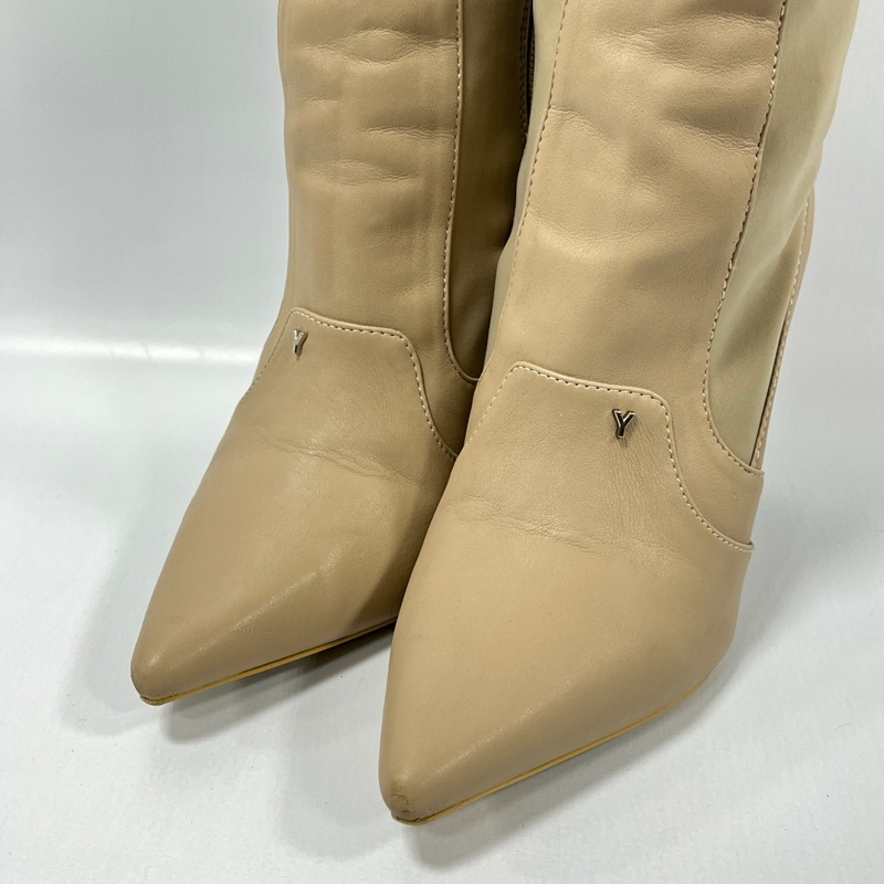 YELLO/ yellow / unusual material switch knee-high stretch long boots / beige group /po Inte dotu/ side Zip / beautiful Silhouette 