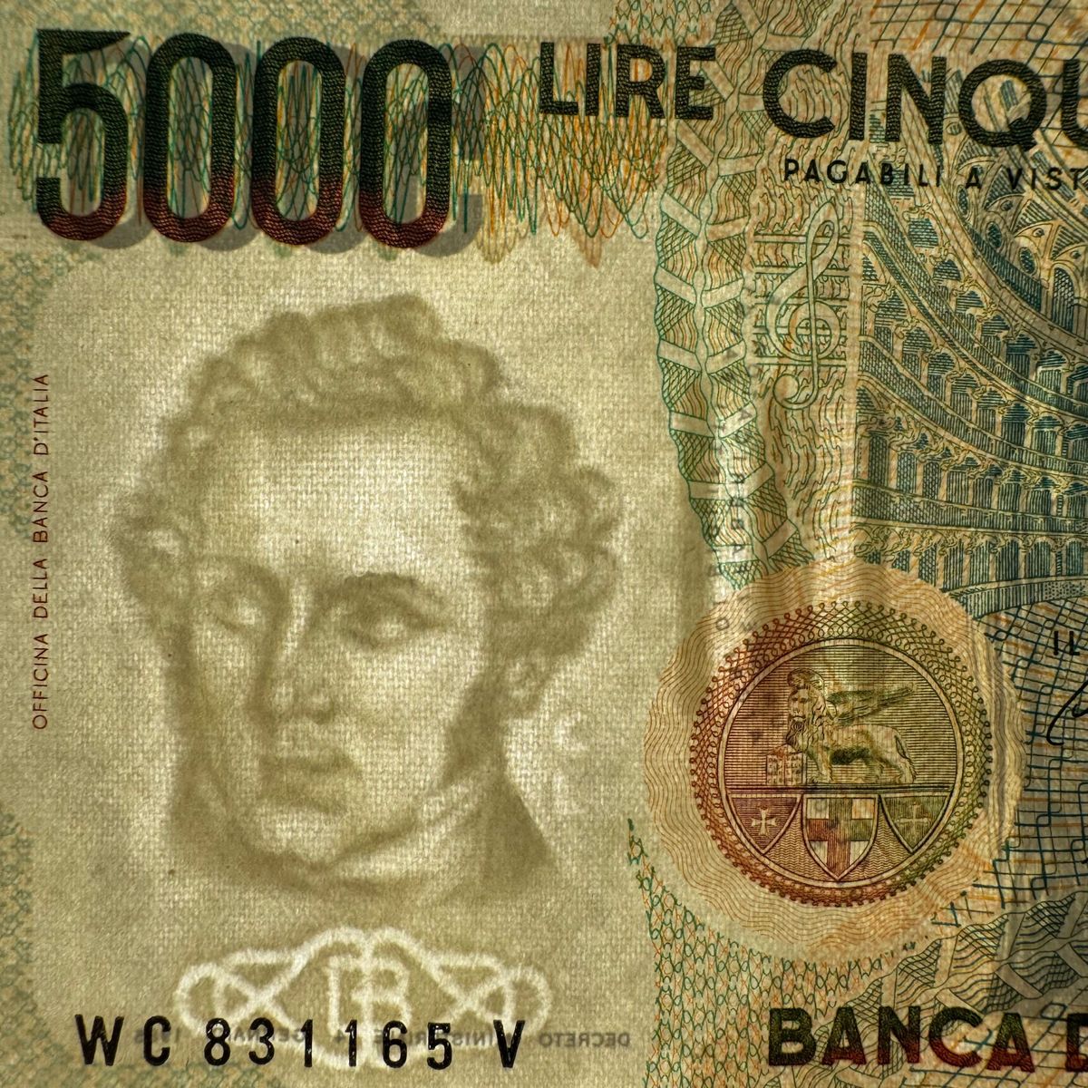 イタリア　5000リラ　旧紙幣(失効券) 古紙幣 古札 ヴィンテージ アンティーク  外国貨幣 外国紙幣
