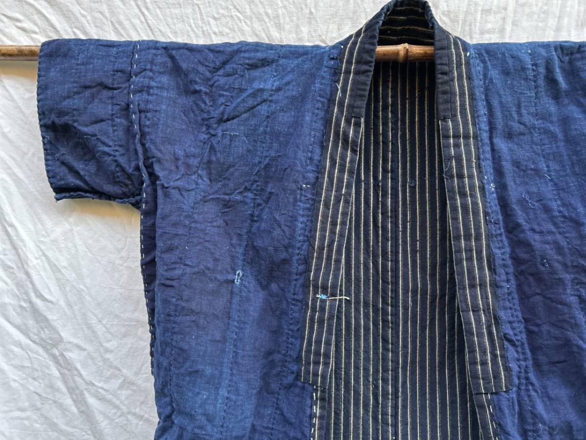 抜群の藍のフェード 激渋 粗刺し 縞 野良着 侘び寂び 日本の古い服 ジャパンヴィンテージ JAPAN VINTAGE 30s40s50s 戦前 戦後 昭和