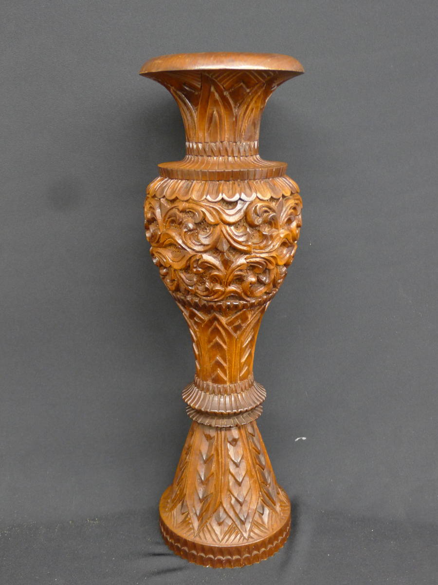 ll137●アンティーク コレクション *タイ製 オリエンタルな木彫り ウッドフラワーベース* 花瓶 オブジェ エスニック 高さ約50㎝/100_画像1