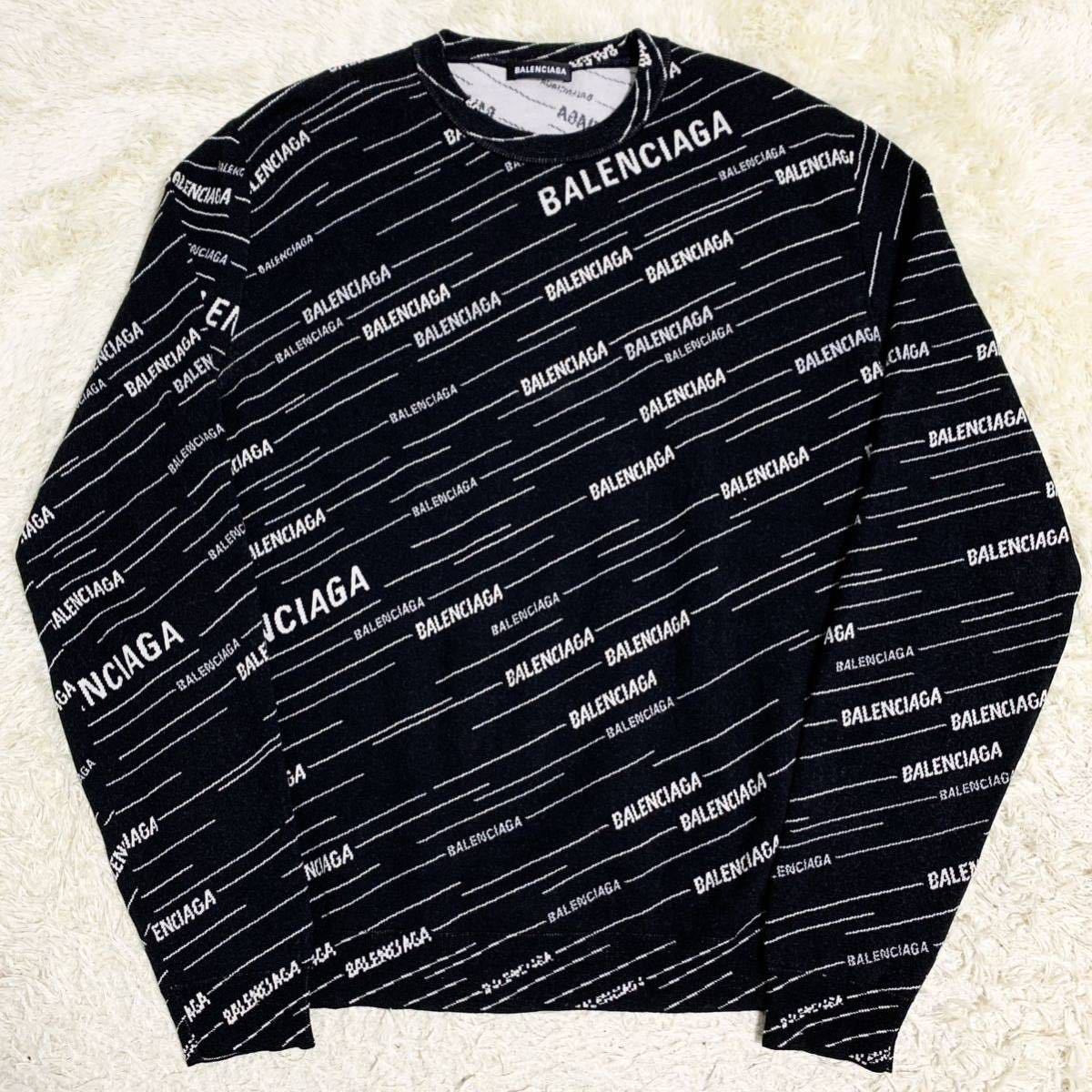 極美品 バレンシアガ【大人気デザイン】BALENCIAGA ニット セーター トップス クルーネック 総柄 ロゴ ブラック 黒 メンズ サイズM_画像1