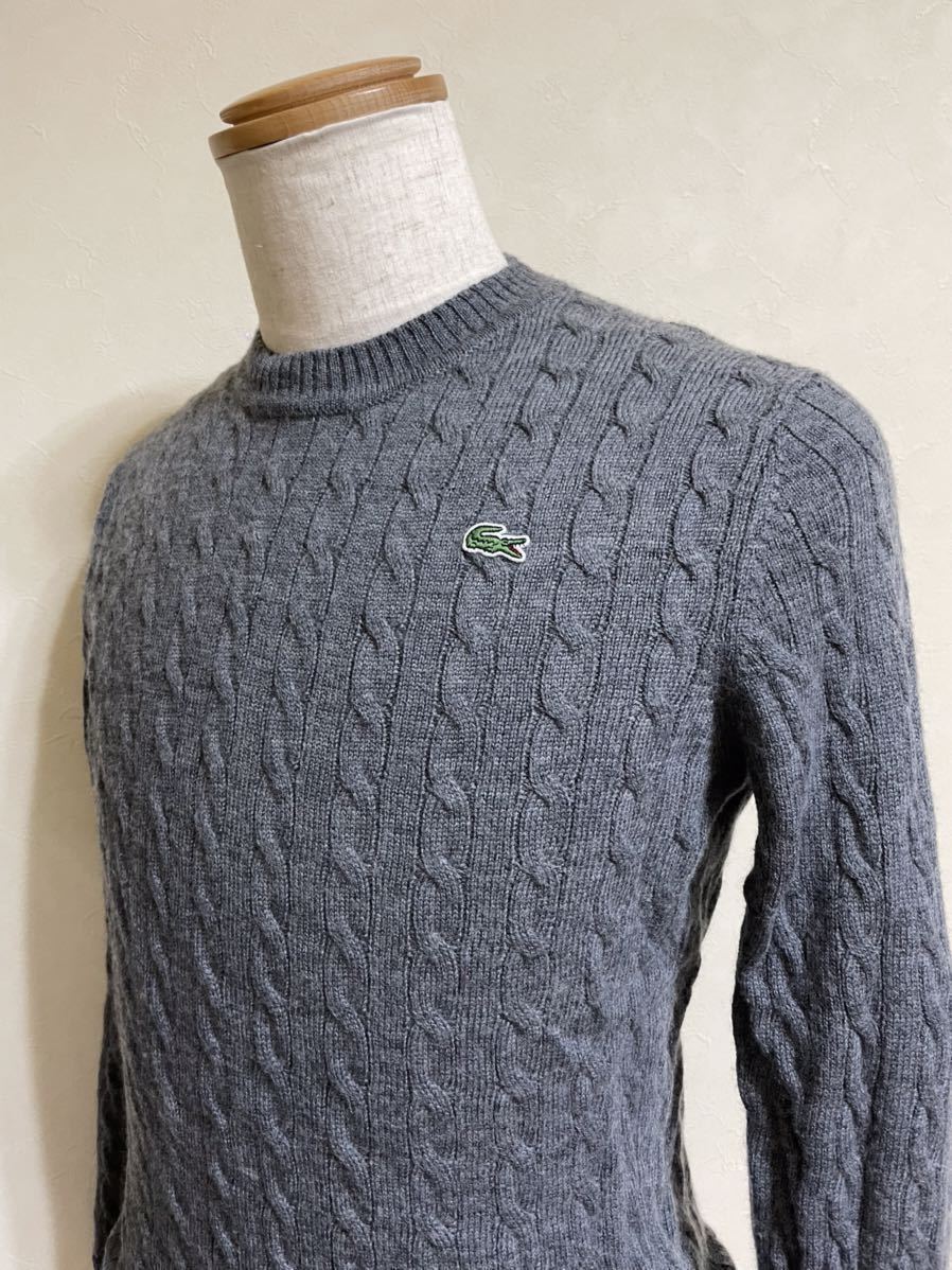 【良品】 LACOSTE ラコステ クルーネック ケーブルニット ウール セーター トップス サイズ2 長袖 グレー AH470EL_画像7