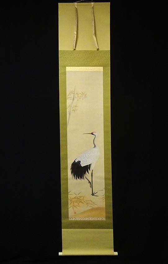 緑屋s■ 掛軸　堂本印象　『鶴』　絹本　精密複製画　工芸画　木箱付　掛け軸　　i2n/11-470/B-3#80_画像1