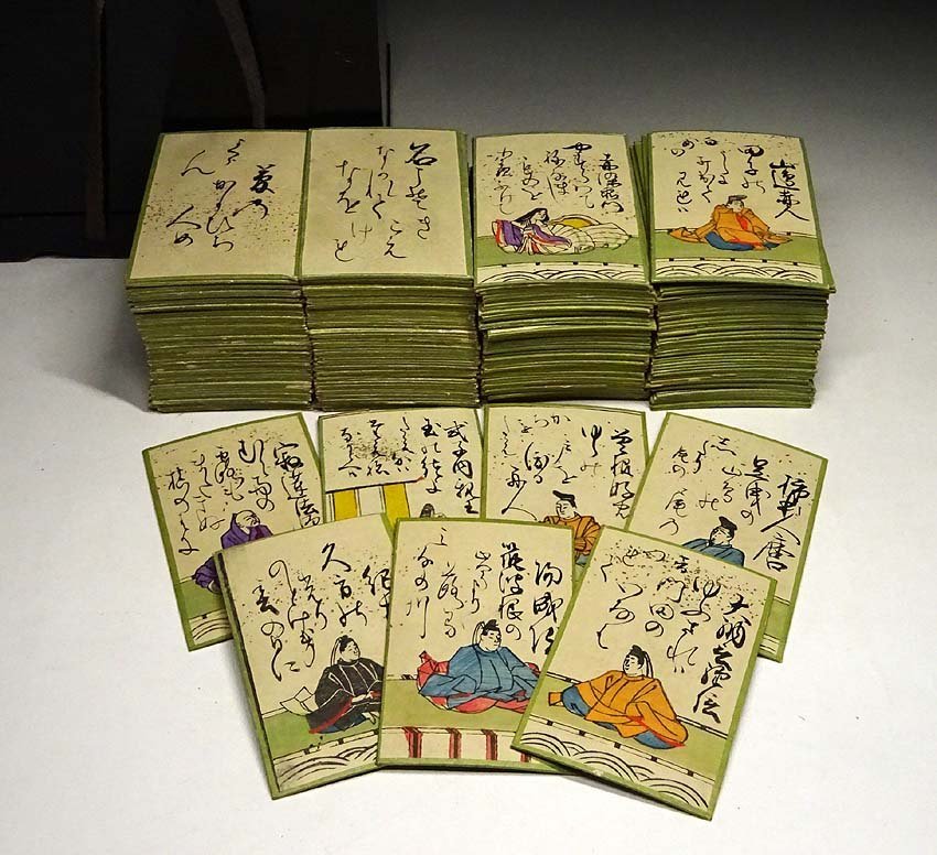 緑屋t■ 時代物　文字/肉筆　絵/彩色版画　百人一首　木箱　旧家初出し品　　hk/12-153/12-2#80_画像1