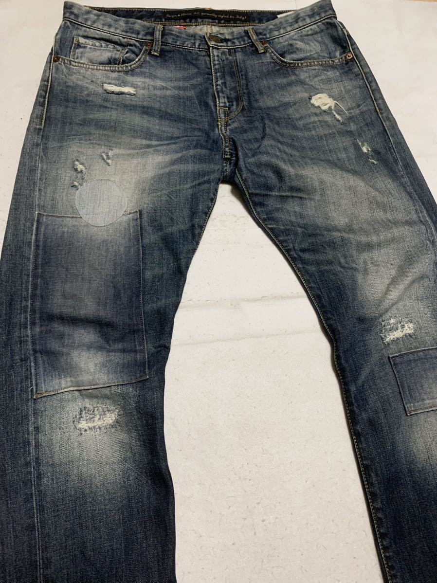 REIGN rain Italy Denim pants jeans damage repair processing indigo embroidery W34