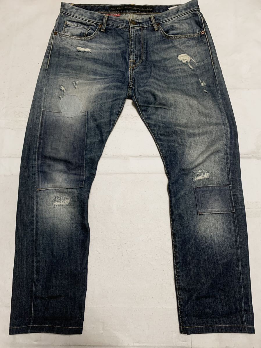 REIGN rain Italy Denim pants jeans damage repair processing indigo embroidery W34