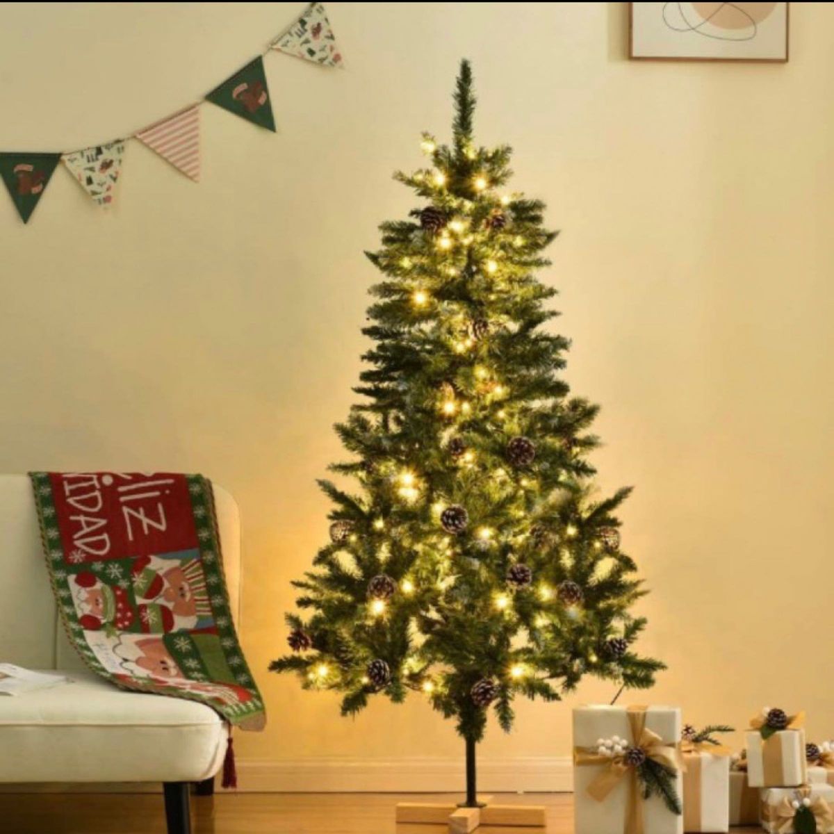 クリスマスツリー　180㎝　葉先が雪　松ぼっくり　LED クリスマス