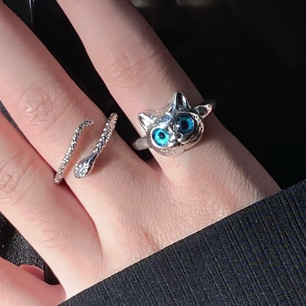 二点セット　リング　指輪　大人気　高見え　猫リング　おしゃれ　銀色　蛇　ブルー　調整可能　可愛い