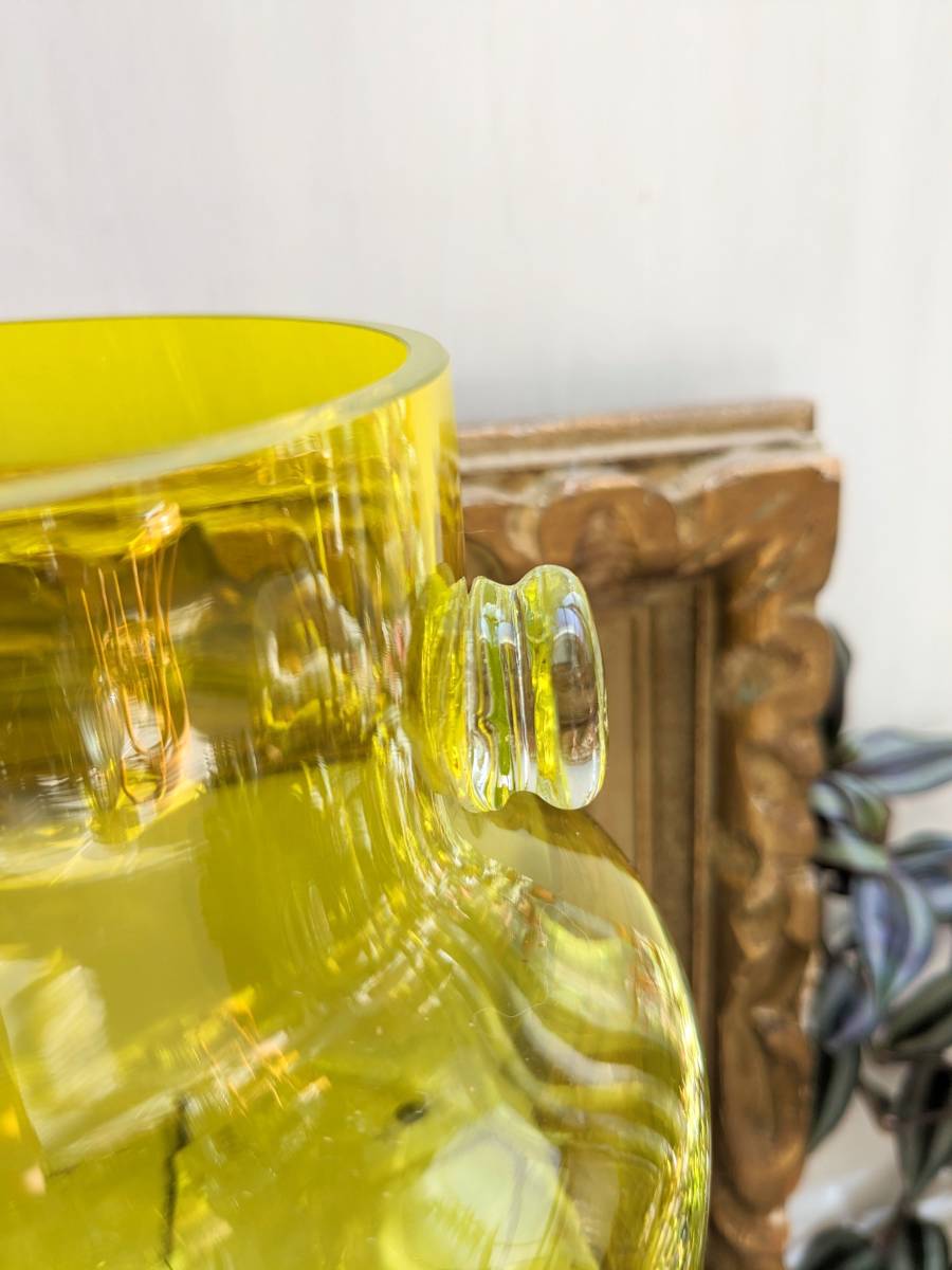 レトロ　ガラスキャニスター　コルク蓋　昭和レトロ　70年代　イエロー　黄色　70年代　ミッドセンチュリー　色ガラス　ヴィンテージ