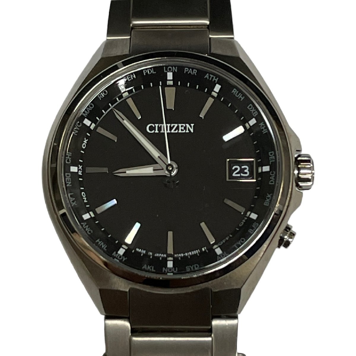 【中古品】 CITIZEN シチズン H149-S11892 アテッサ エコドライブ 電波時計 文字盤ブラック メンズ腕時計 コマ 取説 保証書あり L55518RE_画像1