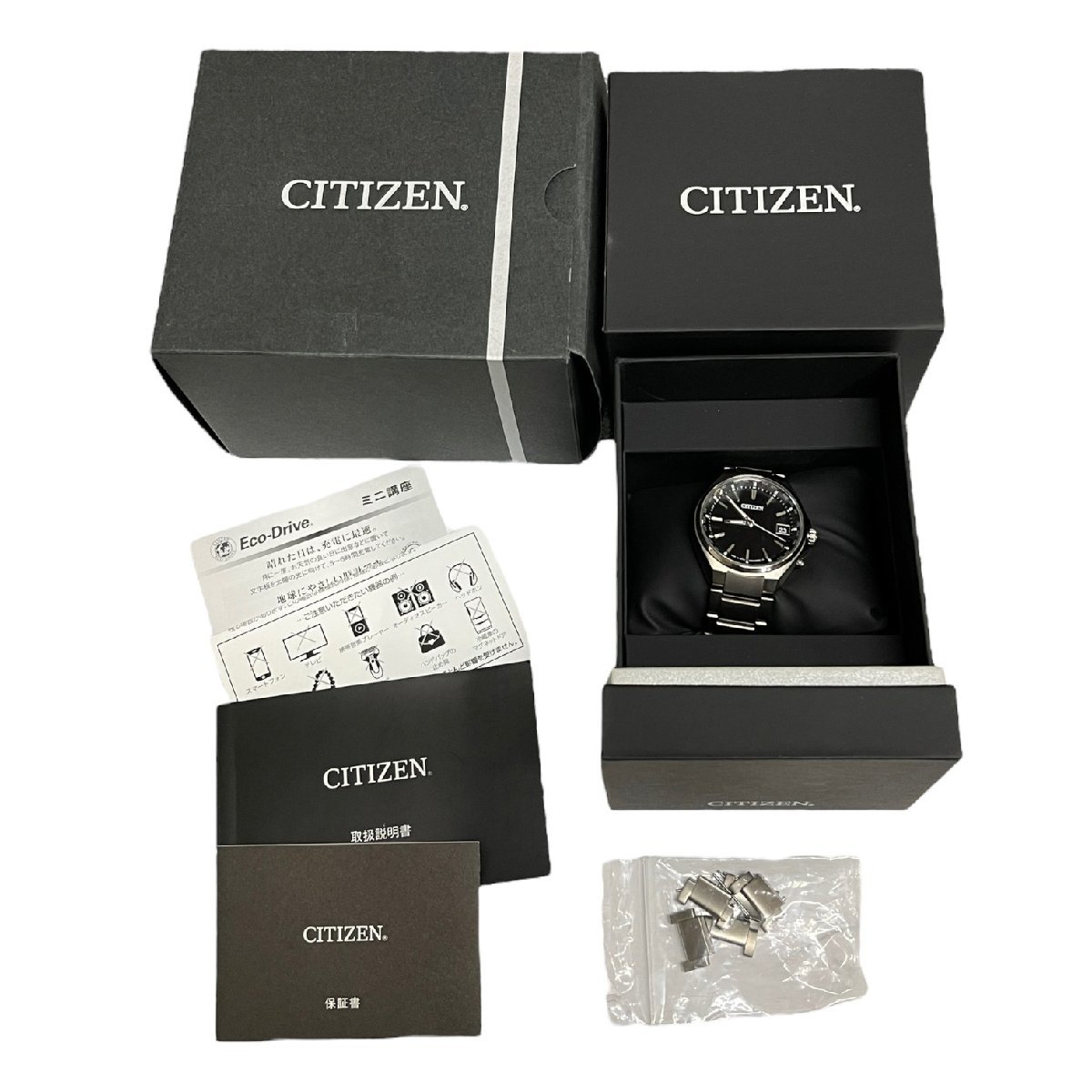 【中古品】 CITIZEN シチズン H149-S11892 アテッサ エコドライブ 電波時計 文字盤ブラック メンズ腕時計 コマ 取説 保証書あり L55518RE_画像2