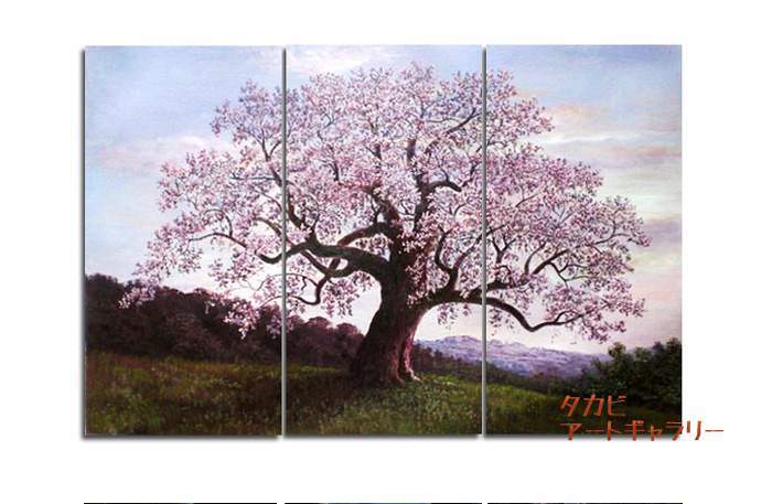 最安値挑戦！ 油絵　静物画　『桜の木』　30x60cm 3枚組　手描き　アートパネル　ファブリックパネル　壁掛け x ファブリックパネル