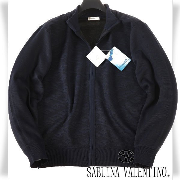 新品1円～★SABLINA VALENTINO サブリナヴァレンティノ メンズ 秋冬 長袖 ジップアップニット LL ネイビー 織柄 イタリアブランド ◆5957◆_画像1