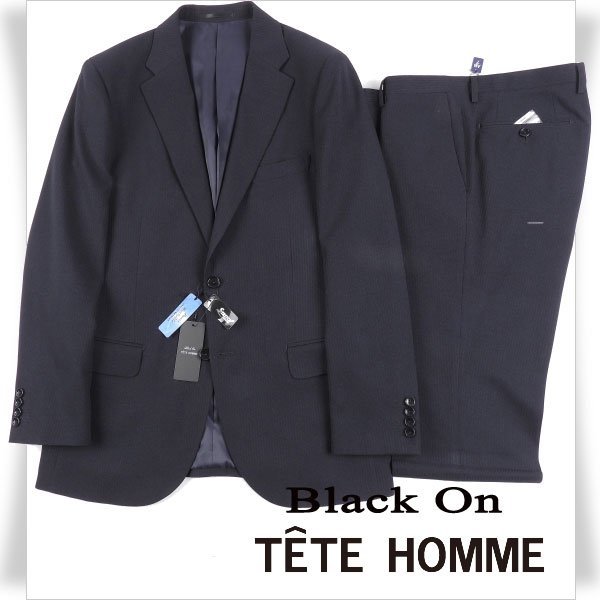 新品1円～★定価4.2万 Black On TETE HOMME テットオム 秋冬 シャドーストライプスーツ 100AB7 ノータック ストレッチ 濃紺 ◆8064◆_画像1