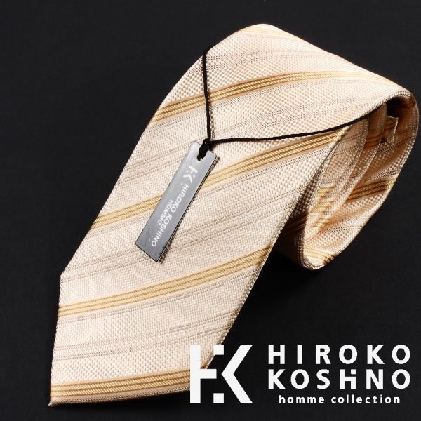 新品1円～★HIROKO KOSHINO ヒロコ コシノ 最高級♪シルク絹100％ネクタイ 織柄 ベージュ 正規店本物 ◆8291◆_画像1