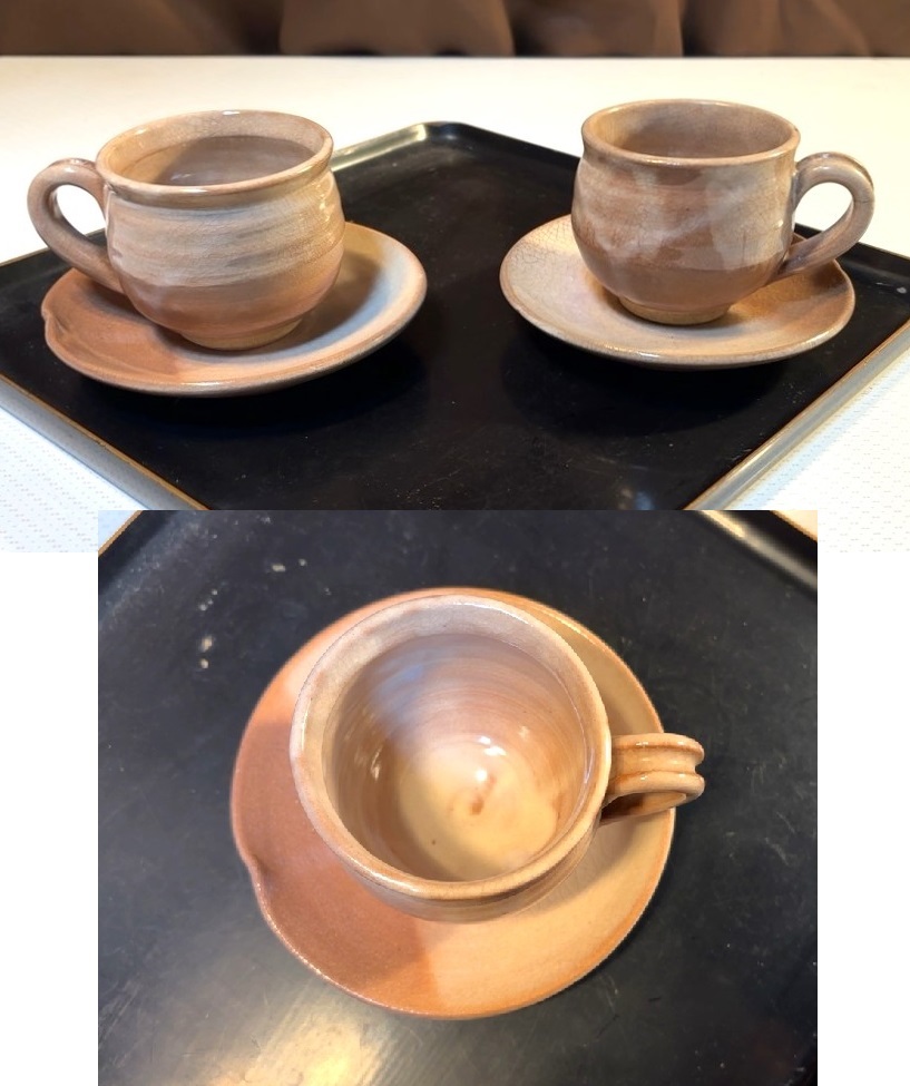 ■47 萩焼 コーヒーカップ＆ソーサー[天鵬…ペア][大平山…1] 3客セット & 小皿4枚 まとめて_画像8