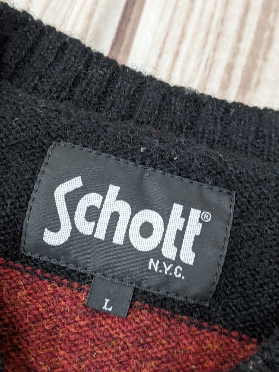 4．Schott SHETLAND WOOL ボーダー柄 デザイン ウールニットセーター メンズL えんじ黒x811_画像3