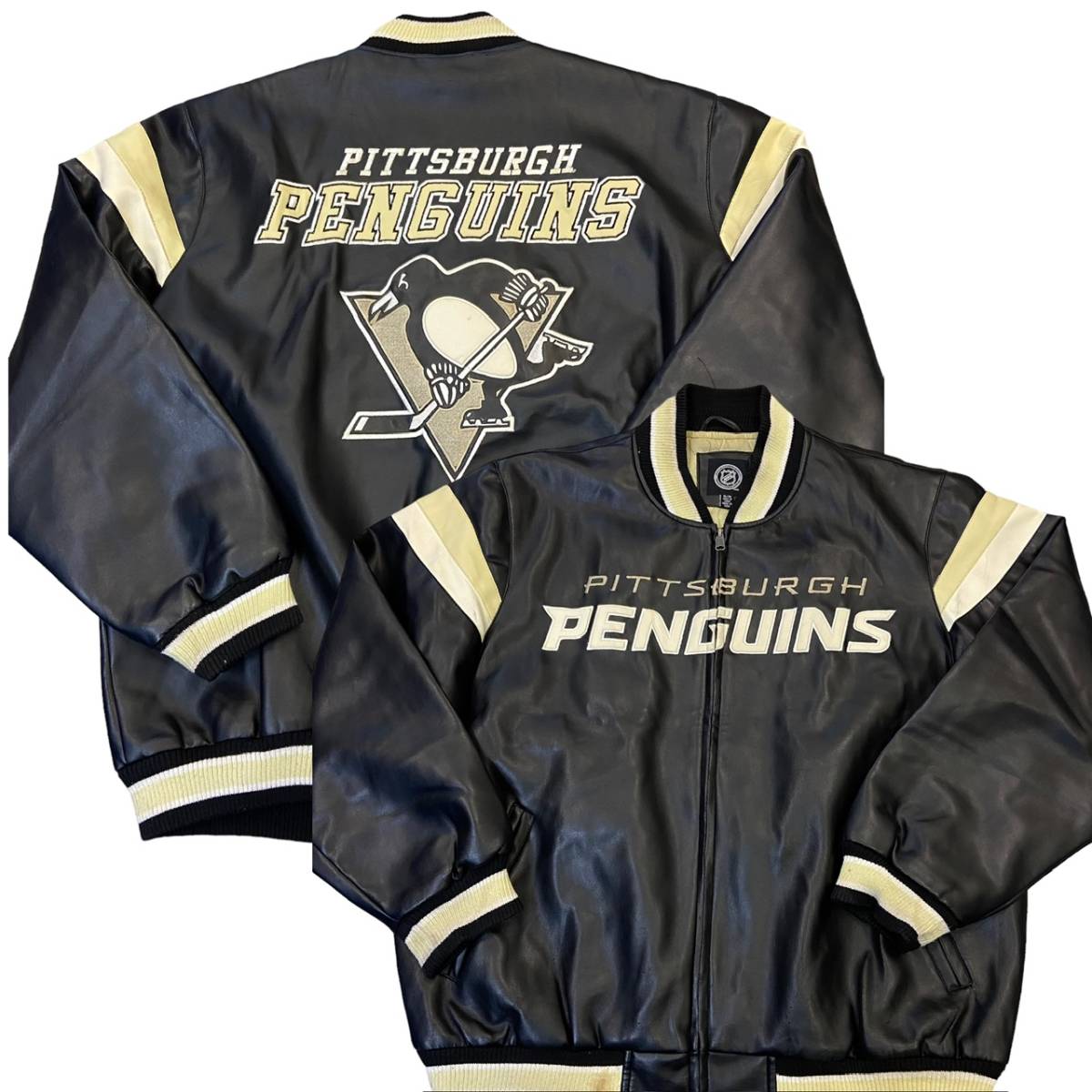 90s~ NHL Pittsburgh PENGUINS レザー ジャケット XL ピッツバーグ ペンギンズ ロゴ 刺繍 ゲーム ジャケット スタジャン ヴィンテージ