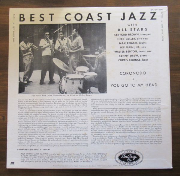 JAZZ LP/ライナー付き美盤/Max Roach, Herb Geller, Walter Benton, Joe Maini, Clifford Brown - Best Coast Jazz/A-11439_画像2