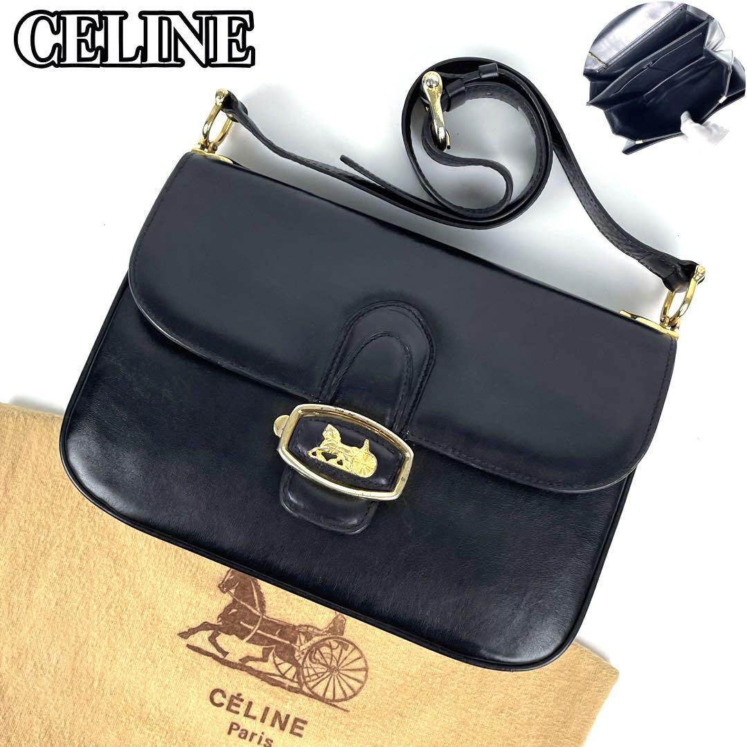 【美品】CELINE セリーヌ ショルダーバッグ ポシェット ワンショルダー 馬車金具 ゴールド金具 ボックスカーフ フォーマル 肩掛け レザー