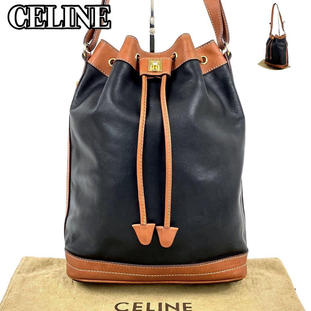 【美品】CELINE セリーヌ ショルダーバッグ ワンショルダー 巾着 ガンチーニ ロゴ型押し リング ゴールド金具 男女兼用 斜め掛け レザー 黒