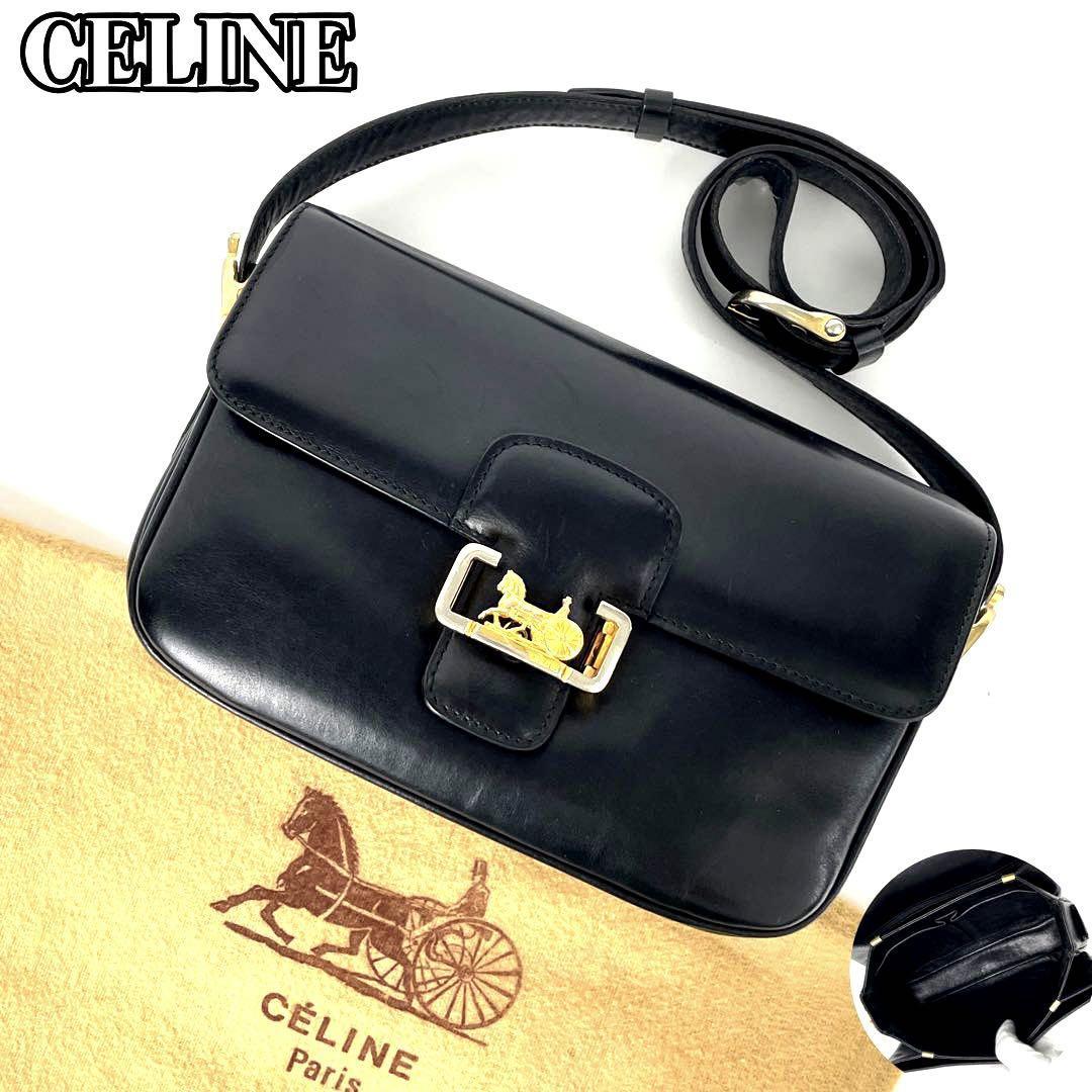 【美品】CELINE セリーヌ ショルダーバッグ ポシェット 馬車金具 ゴールド金具 ロゴ型押し ボックスカーフ フォーマル 黒色 レザー 人気_画像1