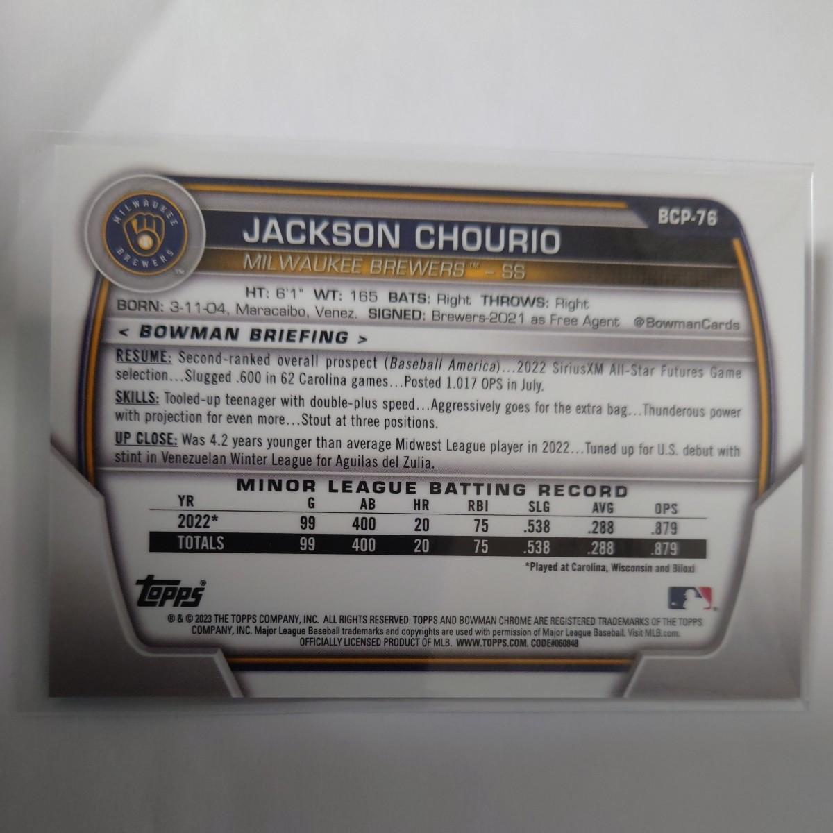 【55枚限定】MLB 2023 Bowman〈JACKSON CHOURIO〉sapphire サファイア ミルウォーキー・ブルワーズ Topps_画像2