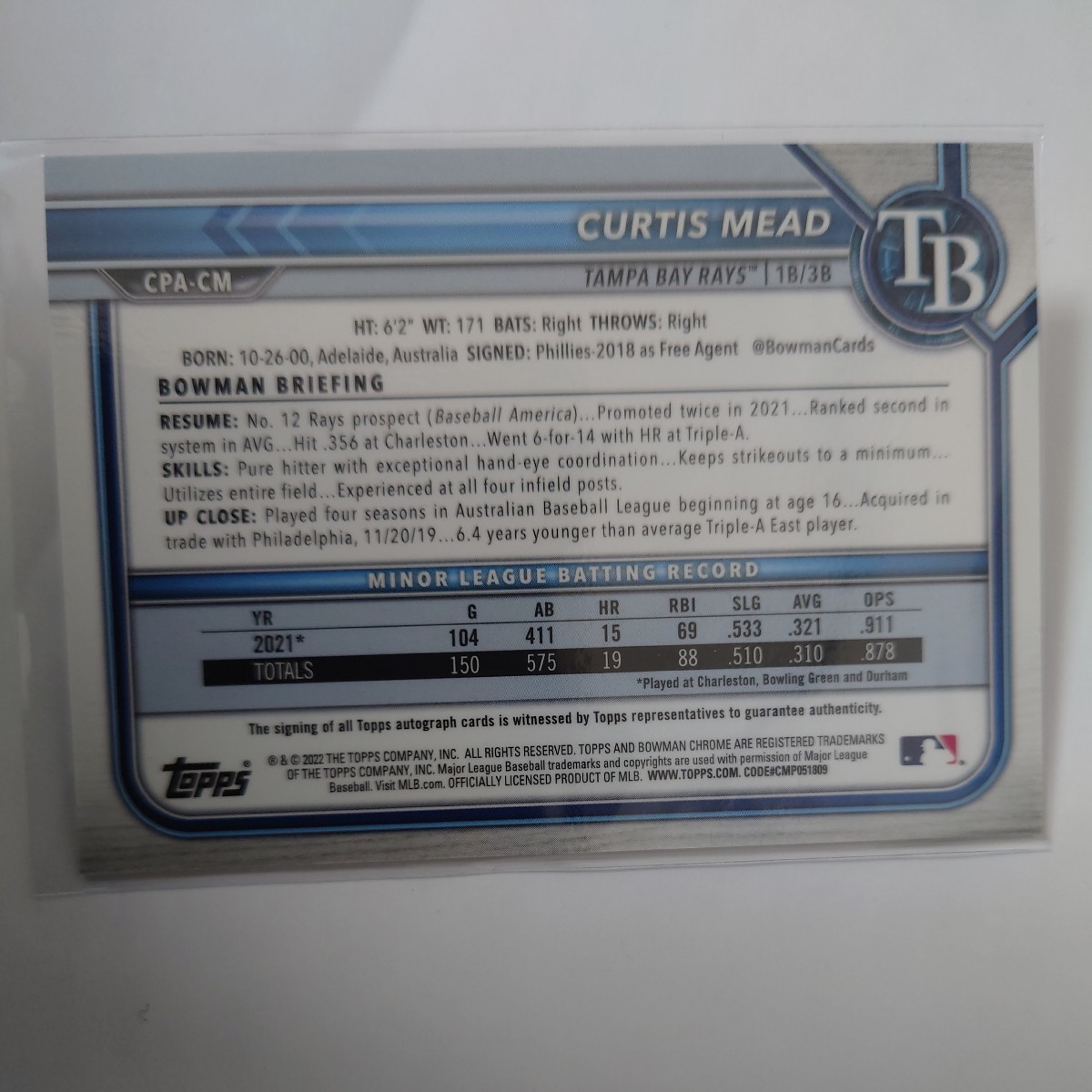 MLB 2022 Bowman〈CURTIS MEAD〉直筆サイン 1st BOWMAN タンパベイ・レイズ Topps_画像2