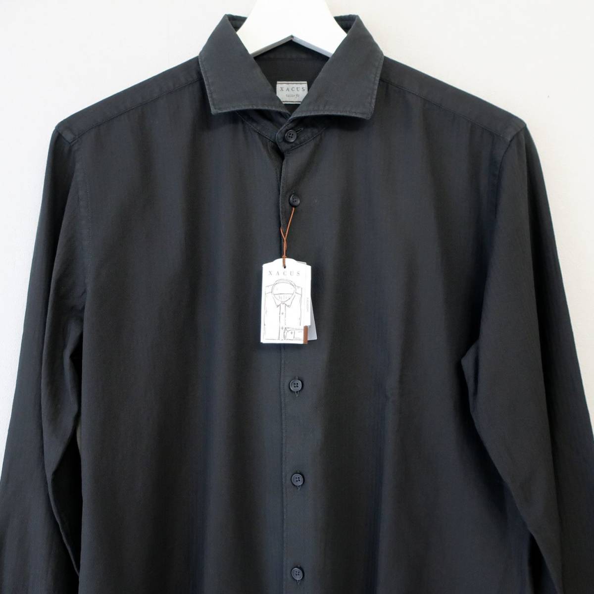 新品 未使用 XACUS ザッカス 最高級 メンズ ドレスシャツ シャドー ヘリンボーン 長袖シャツ シャツ 黒 ダークグレー 40 Mサイズ Lサイズ_画像3