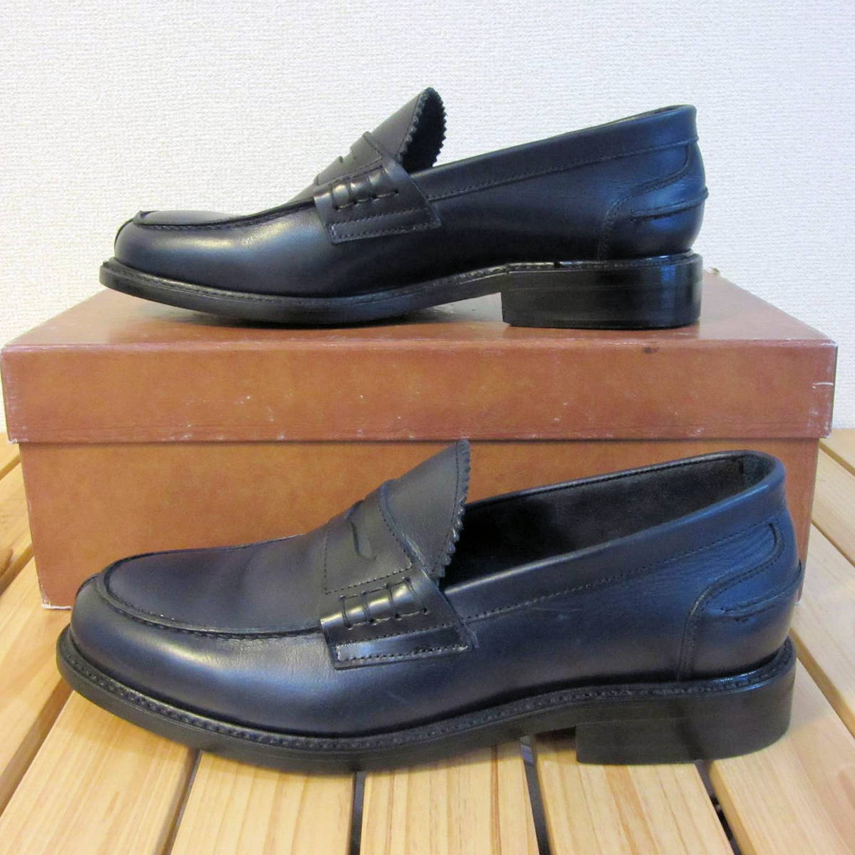  unused . close beautiful goods Berwick 1707 bar wik coin Loafer leather shoes leather shoes Goodyear moccasin navy men's UK6 25cm