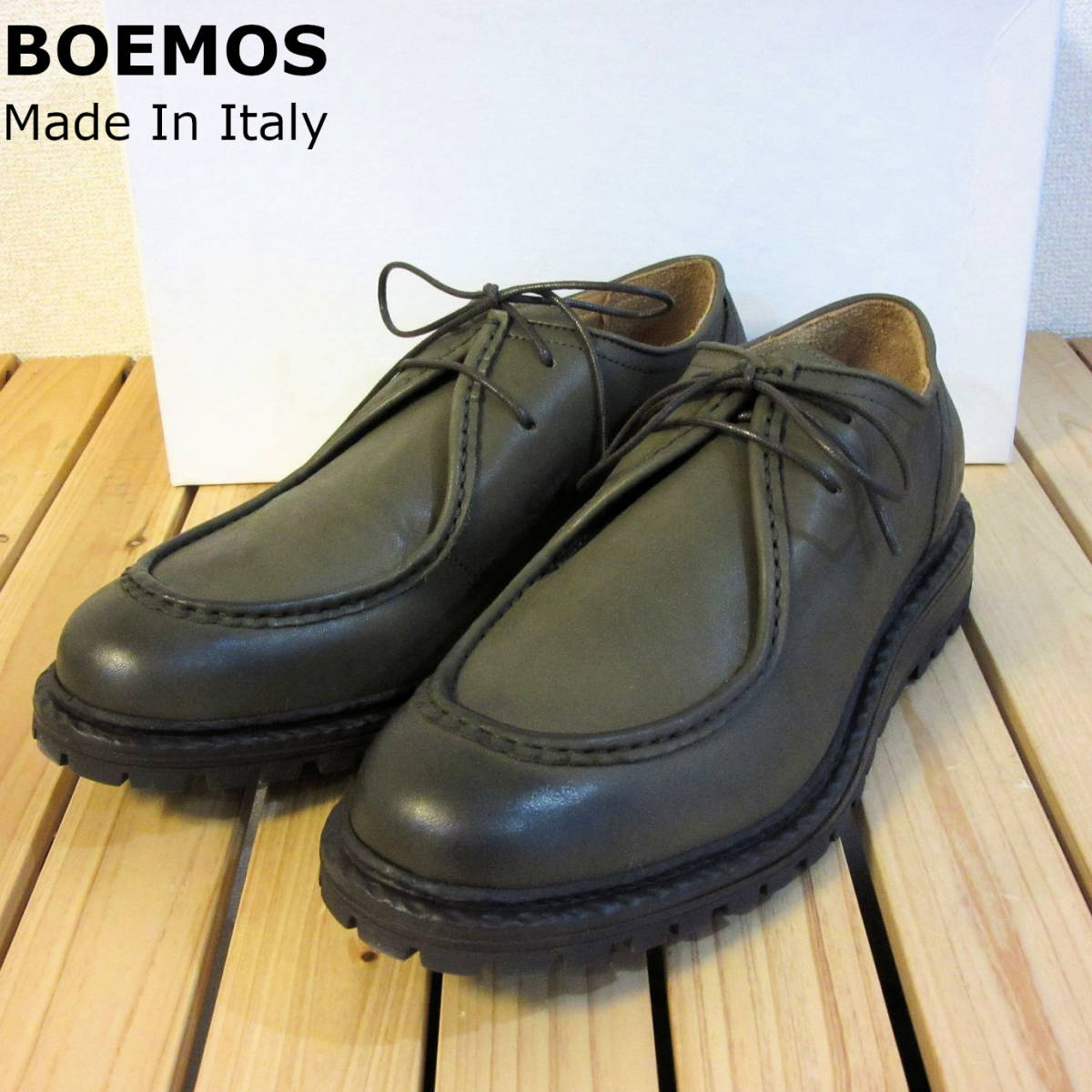 新品 未使用 BOEMOS ボエモス イタリア製 レザーシューズ Uチップ モカシン 革靴 シューズ 緑 オリーブ カーキ メンズ 41 26cm 程度
