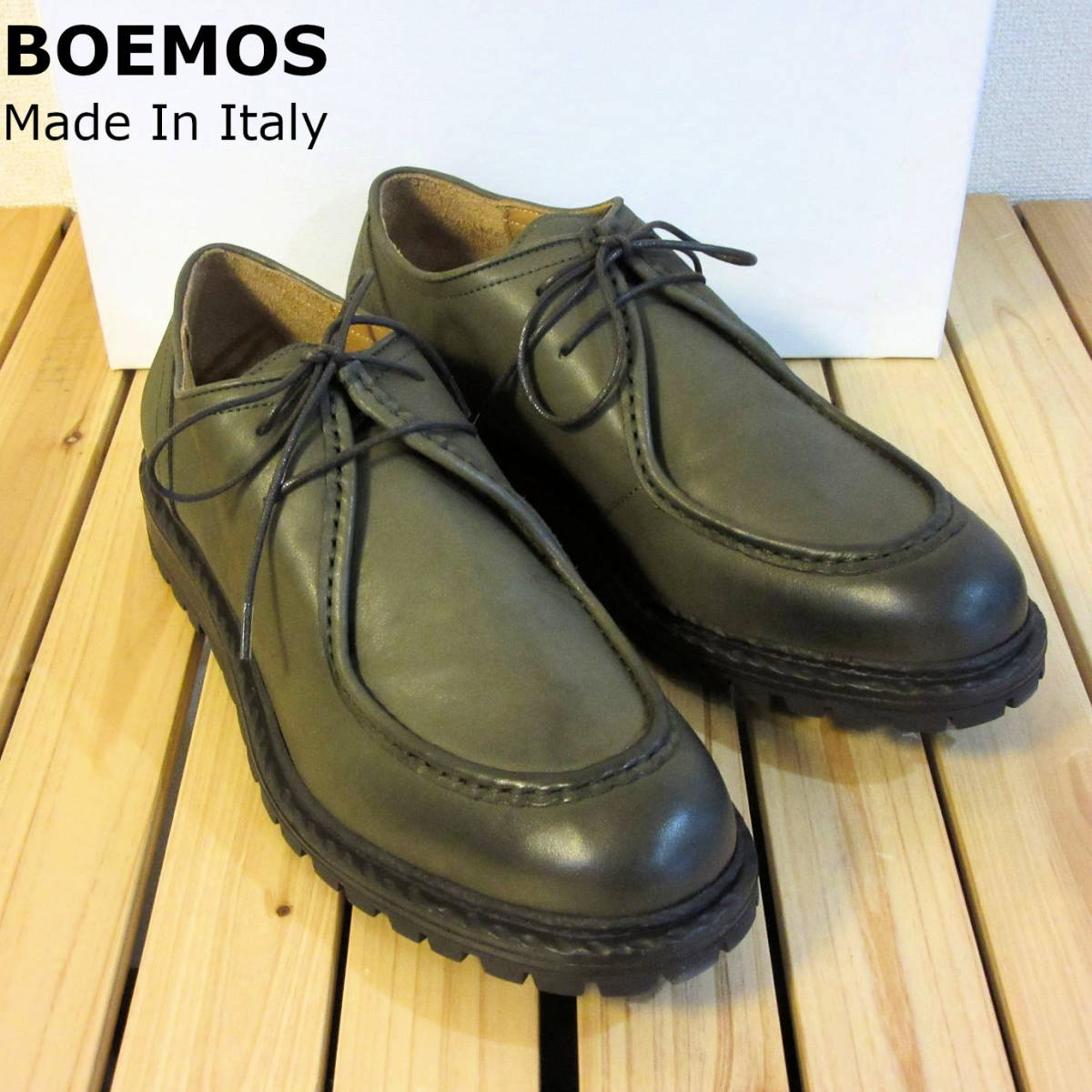 新品 未使用 BOEMOS ボエモス イタリア製 レザーシューズ Uチップ モカシン 革靴 シューズ 緑 オリーブ カーキ メンズ 43 28cm 程度