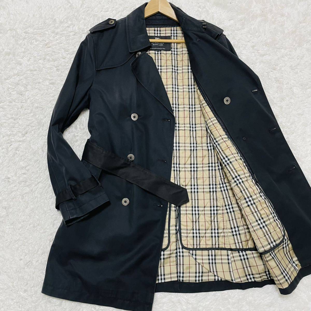 バーバリーブラックレーベル【圧巻のノバチェック】BURBERRY BLACK LABEL トレンチコート ライナー付き キルティング 黒 ブラック Lサイズ_画像1