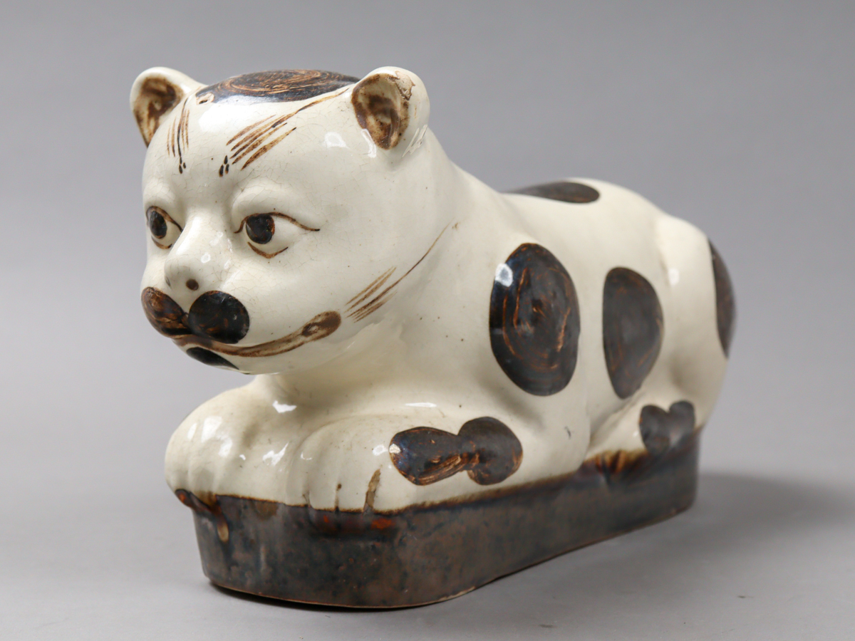 NNPI 磁州窯 褐色釉 猫の陶枕 中国古玩