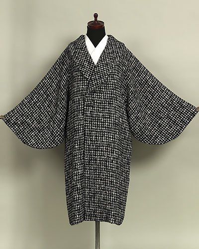 【和遊館】KOG178　日本製 ループツイード へちま衿 和装用 ロングコート 黒色_画像1