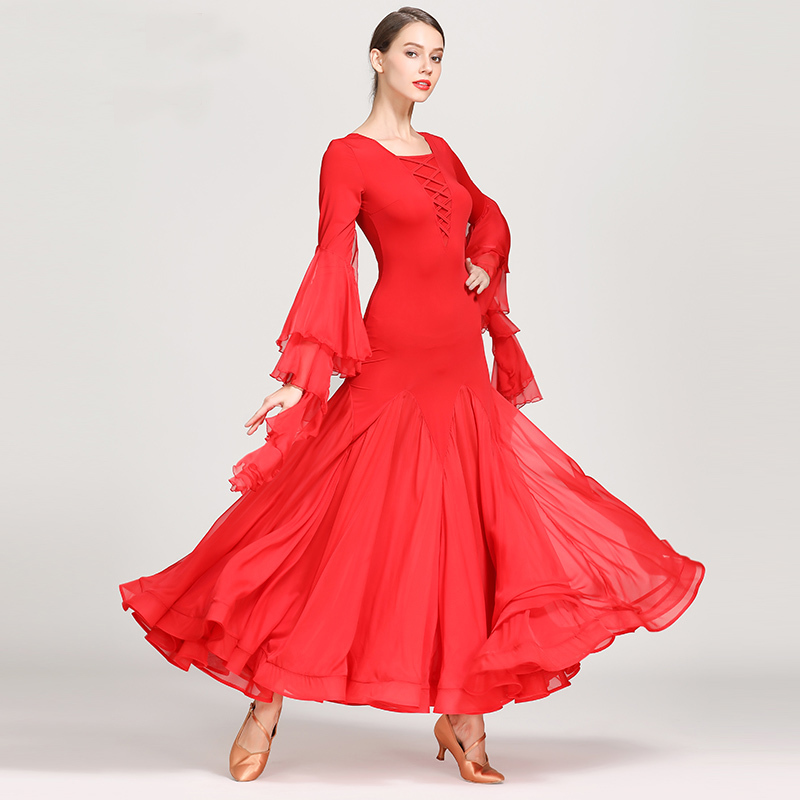 エレガント新入荷　モダンダンス　レディース社交ダンス衣装　ロングワンピース　女優しいデザイン　赤色　サイズS～XXL選択可