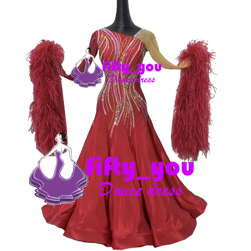 新品fifty_you　 社交ダンス高級ドレス　セミオーダー　モダン競技パーティドレス　ドレス　スタンダードダンス衣装　赤色　ファーフロート