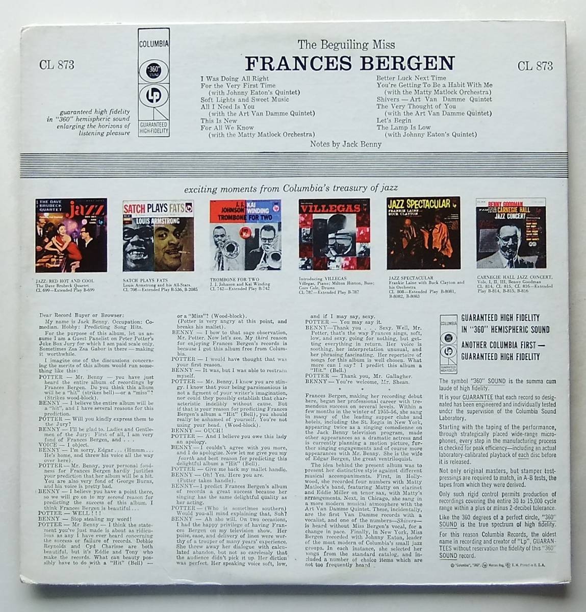 ◆ FRANCES BERGEN / The Beguiling Miss ◆ Columbia CL 873 (6eye:dg) ◆の画像2