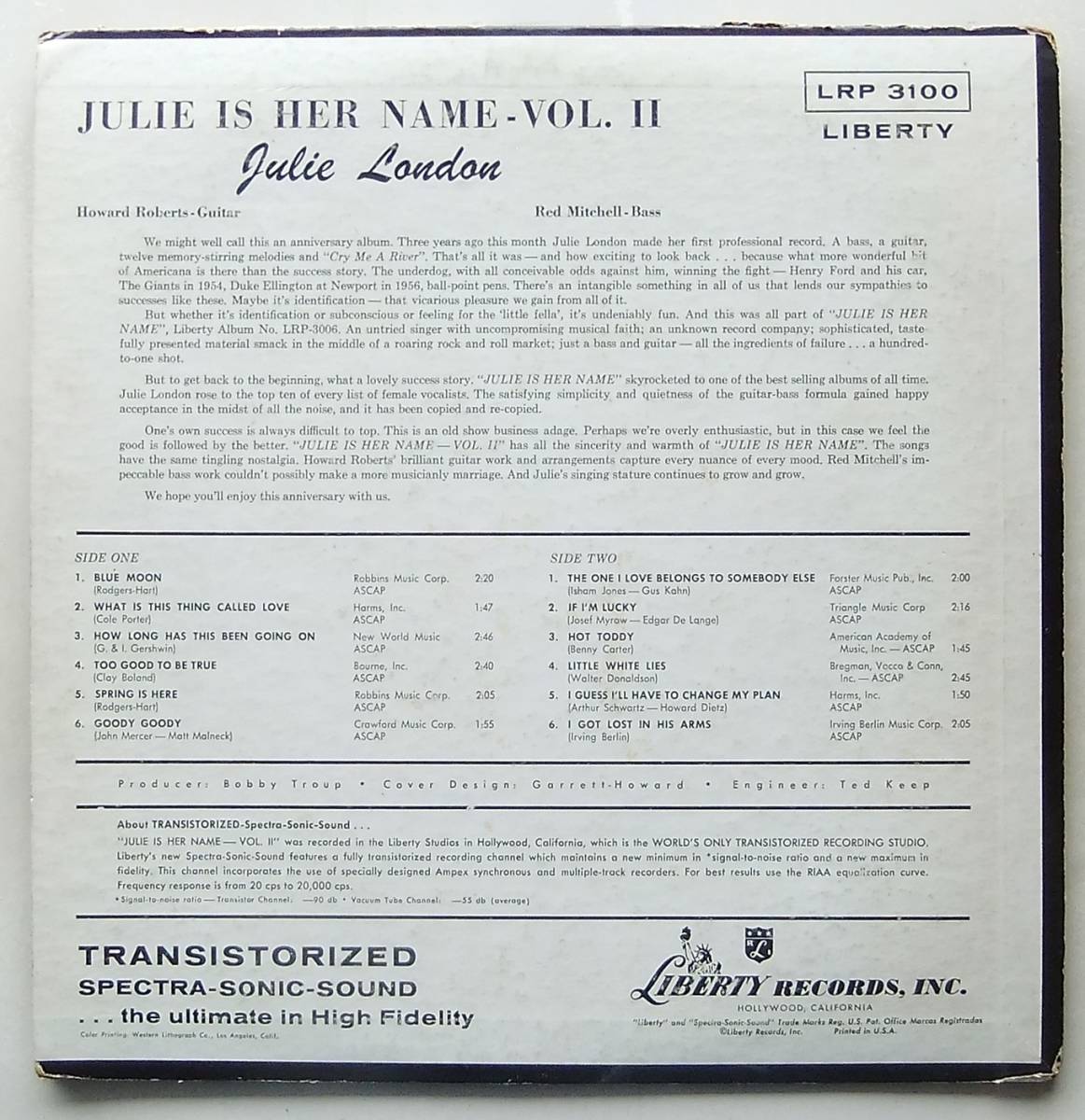 ◆ JULIE LONDON / Julie Is Her Name Vol. II ◆ Liberty LRP 3100 (turquoise:dg) ◆ V_画像2