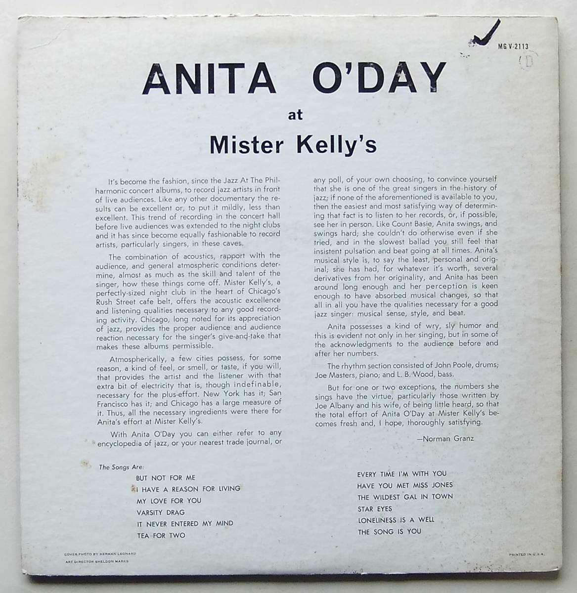◆ ANITA O'DAY at Mister Kelly's ◆ Verve MGV-2113 (VRI:blue:dg) ◆_画像2