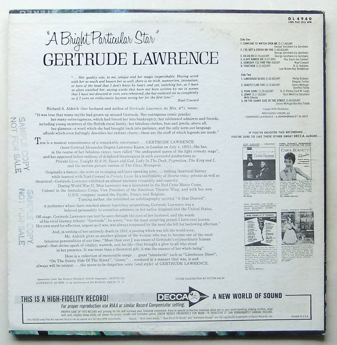 ◆ GERTRUDE LAWRENCE / A Bright Particular Star ◆ Decca DL 4940 (promo) ◆_画像2
