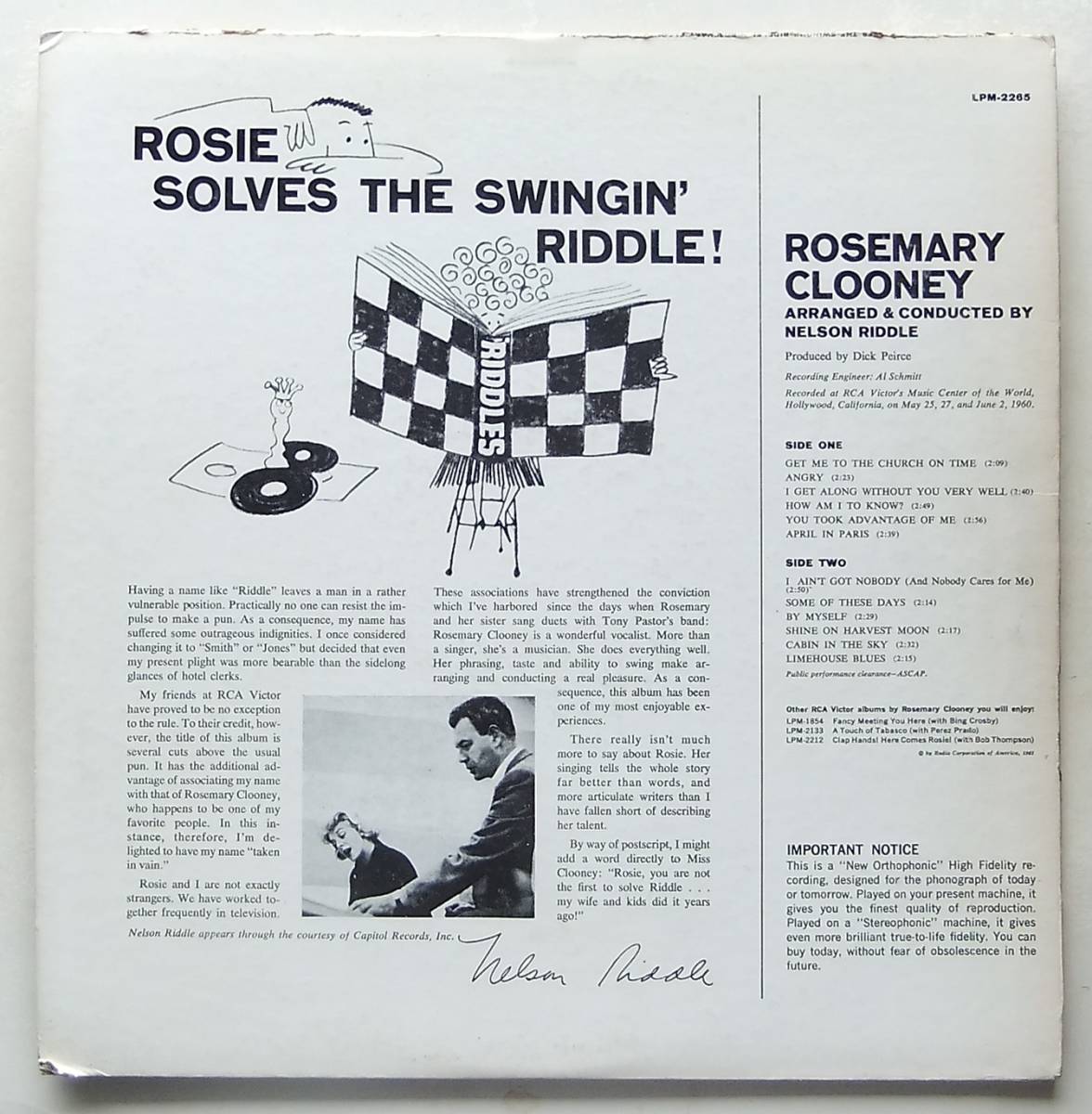 ◆ ROSEMARY CLOONEY / Rosie Solves The Swingin' Riddle ◆ RCA LPM-2265 (dog:dg) ◆_画像2