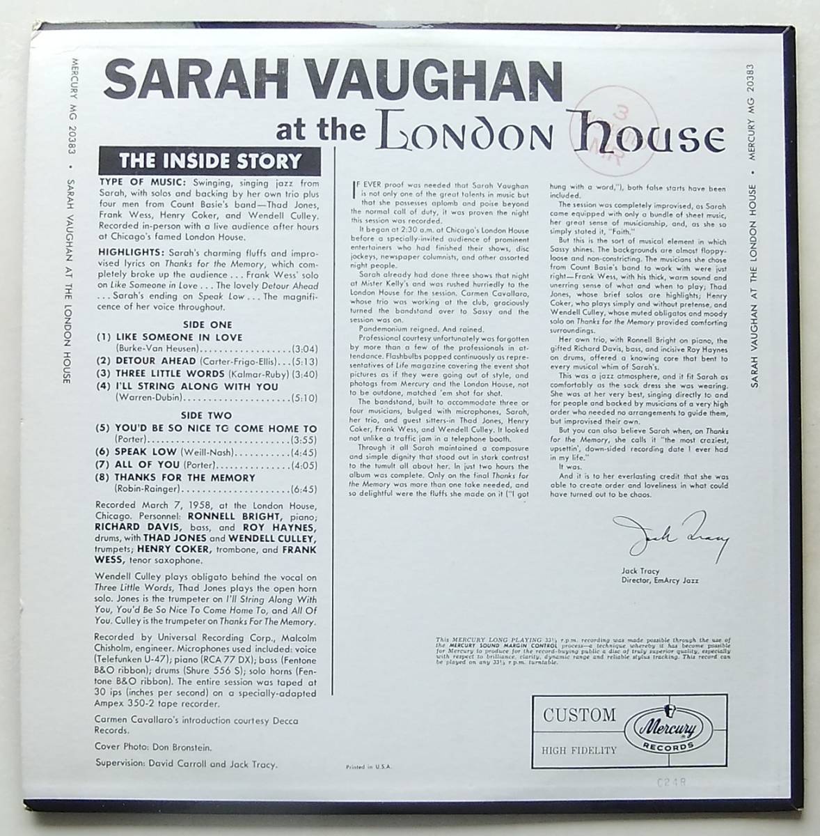 ◆ SARAH VAUGHAN / After Hours at The London House ◆ Mercury MG 20383 (black:dg) ◆_画像2