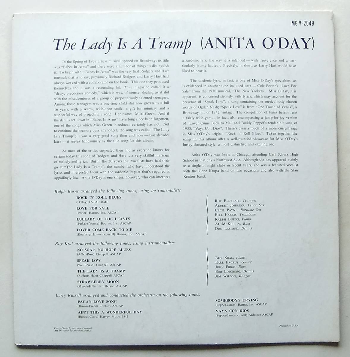 ◆ ANITA O'DAY / The Lady Is a Tramp ◆ Verve MG V-2049 (VRI:dg) ◆_画像2