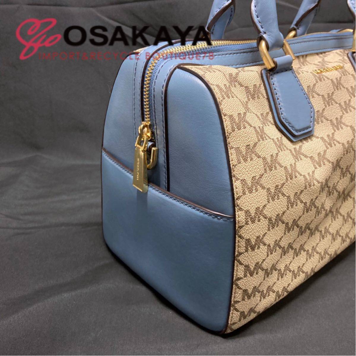 中古 MICHAEL KORS 2WAY ミニボストンバッグ 30H6TM9U2V ベージュ ライトブルー PVC ロゴ レディース マイケルコース ショルダー 総柄_画像4