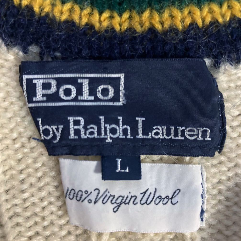 80's vintage Polo Ralph Lauren ポロラルフローレン ウール ニット ケーブル チルデン クリケット セーター size.L アイボリー トラッド_画像6